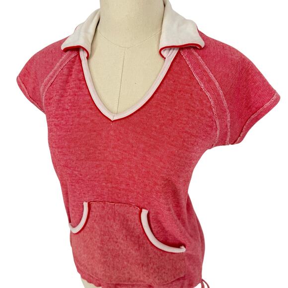 Vintage 1970sRed White Micro Stripe Collared Lido Shirt, Drawstring Crop Size L - Picture 2 of 6